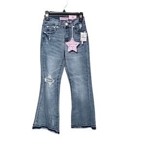 GOGO STAR Girls High Rise Flare Jeans Vintage Blue Distressed Size 7 GOGO-61020